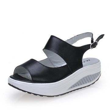 Cuir boucle sandales compensées secousse confortable plateforme peep toe sandales