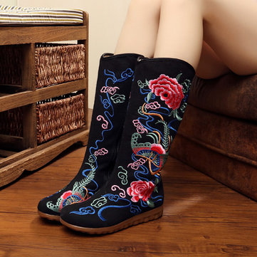 Femmes broderie toile du vent national plat bottes mi- mollet occasionnels floraux
