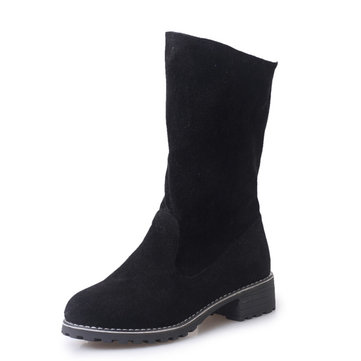 Glissade de couleur pure sur bout rond bottes mi-mollet pour les femmes