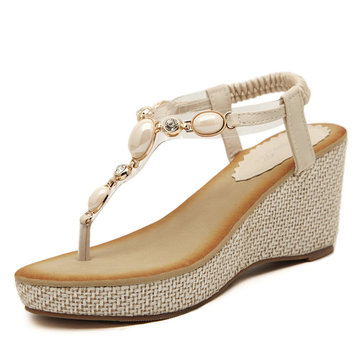 Bohême perle sandales compensées élastiques mous semelle plateforme sandales de plage de glissement sur