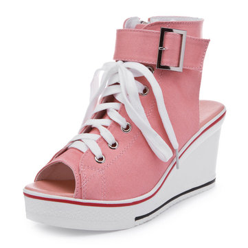 Grande toile taille haute top boucle peep toe talon compensé chaussures de sport 