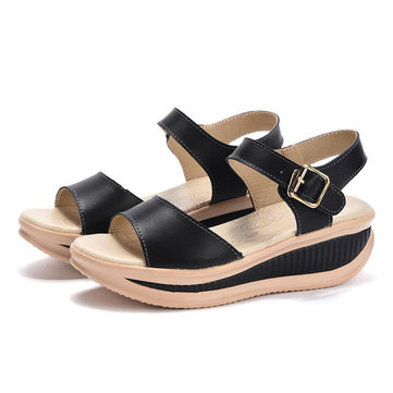 Femmes estivale décontractée plate-forme en cuir de coin confortable piscine douce bouche sandales chaussures