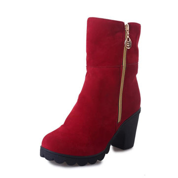 Bottes courtes casual gros talon coté fermeture éclair mi-mollet en métal