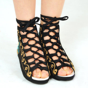 Broderie fleur bandage cru strappy natiaonsl vent peep toe à lacets Ankel sandales