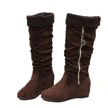 Nouvelles femmes mi-mollet bottes en daim bout rond de facon confortable slip-on bottes