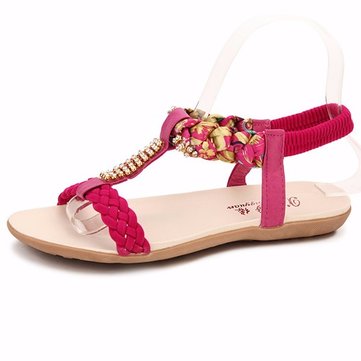 Femmes sandales d'été chic et plage strass peep toe chaussures sandales plates