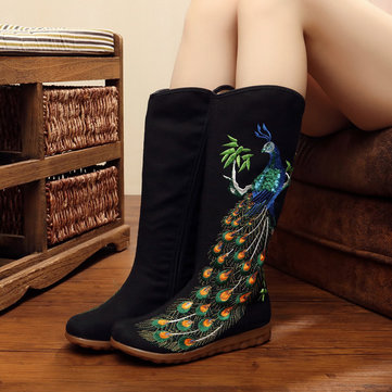 Tissu de paon cheville fermeture éclair brodé bottes courtes