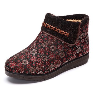Chaussures en coton femmes doublure en fourrure garder chaude fleur occasionnels bottes plates en plein air
