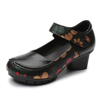 SOCOFY& Impression& Hook& Loop& Mid& Heel Round Toe Retro Casual Shoes