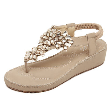 Bohême strass perles pince orteil sandales compensées élastiques plage sandales plates