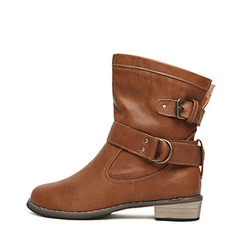 Femmes martin cuir chaussure mode de bout rond chaussures plates mi-mollet