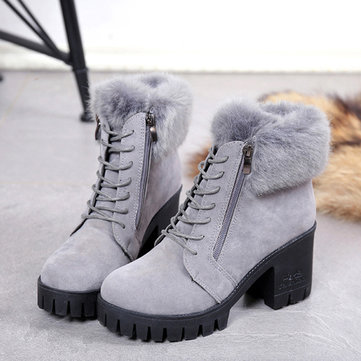 Lacets et glissière latérale doublure en laine chaud talon carré bottes plate-forme de la cheville