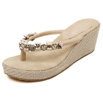 Fleur bohême clip talon sandales à bout glisser sur la plate-forme tongs sandales de plage