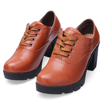 Femmes authentiques chaussures en cuir talons hauts talons épais lacent Femmes Pompes